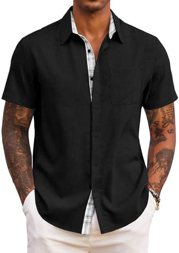 COOFANDY Herren Sommer Kurzarmhemd Leichtes Sommerhemd Strandhemd Freizeithemd Freizeit Modisches Kurzes Hemd Herren mit Brusttasche Schwarz 3XL