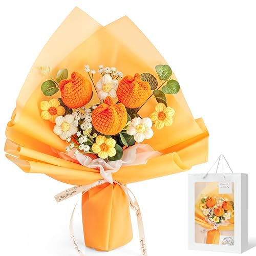 Wood Homing Completed Crochet Flowers Bouquet - Orange Knitted Flowers Bouquet with Gift Bag Greeting Card String Light Tulip Artificial Floral Arrangement Gift for Anniversary Graduation Mother's Day