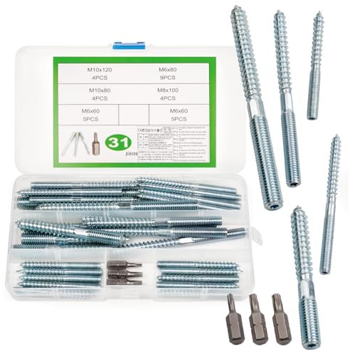 31 Pcs Double Ended Screws, Hanger Bolts, Double Ended Metal to Wood Screws, Metal Dowels, Self-Tapping Double Sided Screw for Furniture Woodworking Connector Joining, with Bit(M6, M8, M10)
