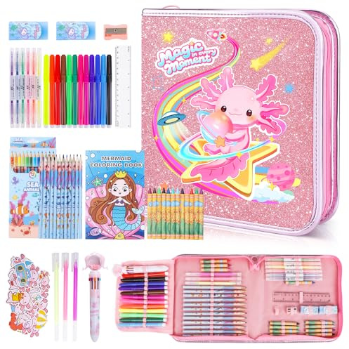 JYPS Maletin Pinturas para Niños, 73 Piezas Axolotl Lavable Artísticos Pinturas con Libro para Colorear, Rotuladores, LáPices De Colores, Ceras, Viajes Estuche Dibujo Kit Regalo Niña 3 4 5 6 7 8 Años
