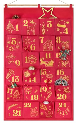 DPKOW Glitter Empty Advent Calendar to Fill Yourself, Fabric Reusable Advent Calendar for DIY Make Your Own Christmas Calendars Red Gold Glitter, Refillable Homemade Large