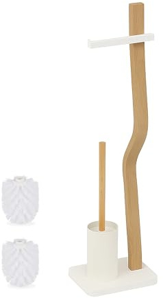 Relaxdays WC Garnitur, HxBxT: 78,5 x 23 x 18 cm, Holz & Metall, stehender Klopapierhalter mit WC-Bürste, weiß/Natur