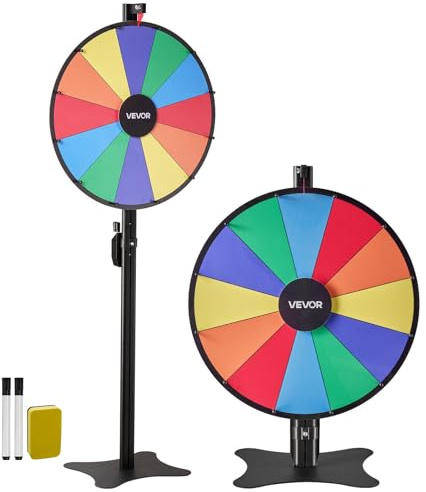 VEVOR Roue de Fortune, 610 mm, Roue de la Chance avec Support à Hauteur Réglable, 12 Secteurs en 6 Couleurs, Jeu pour Fêtes, Salons, Carnavals, Foires, avec Effaceur et 2 Marqueurs