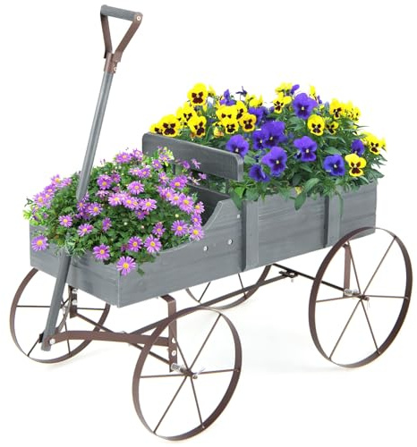Nightcore Wagon Planter, Decorative Flower Cart w/ 2 Planting Sections, 4 Wheels & Adjustable Handle, Wooden Garden Planter for Outdoor Yard Patio (Grey)