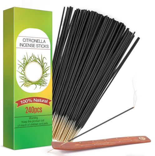 240 Pezzi Incenso Citronella, 200 ore di autonomia Incensi Bastoncini Naturali con porta incenso, Bastoncini di Incenso alla Citronella per Giardino, Barbecue, Campeggio, Picnic