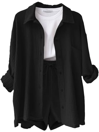 Yutdeng Completo Donna 2 Pezzi Camicia a Maniche Lunghe e Pantaloncini con Coulisse e Tasche Elegante Completo Estivo Tuta da Casa Casual Completo Sportivo in Lino Tuta da Ginnastica,Nero,L