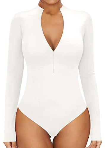Cocila Trajes De Baño Bañador Mujer Bride Nupciales Una Pieza Body Sexy para Mujer, con Cremallera Frontal, Cuello Simulado, Manga Larga, Tops, Mono, Camisas Mono Rojo Capucha (White, L)