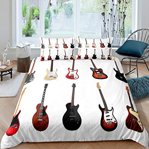 Guitar Comforter Cover Set,Electric Guitar Bedding Set For Boys Teens Girls Kids,Musical Quilt Cover Child Instrument Quality Bed Linen Brown,Decor 3 Pcs Duvet Cover Double Size & Zipper Ties