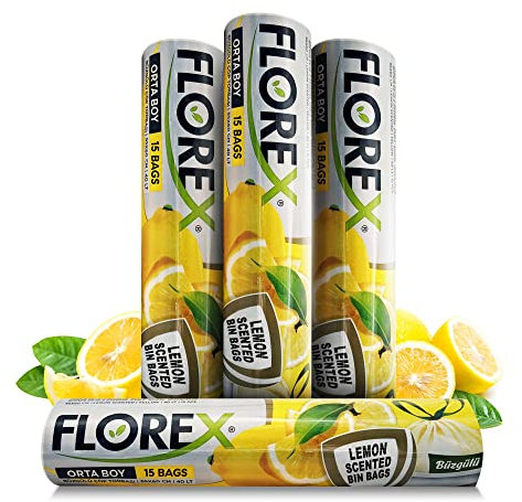 40L Swing Bin Liners with Drawstrings 60 Counts For a Refreshing Home or Office, Use as Kitchen Bin Bags or Bathroom Bin Liners Lemon Scented bin Bags 4 Rolls, Florex Trash bags