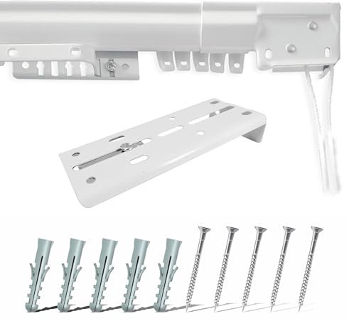 Carril Extensible para Cortinas de Acero Galvanizado Lacado en Blanco, Apertura Personalizable con Cordón, Carril para Cortinas de Techo o Pared con Soportes, Carril Deslizante (DE 122 A 213 CM)