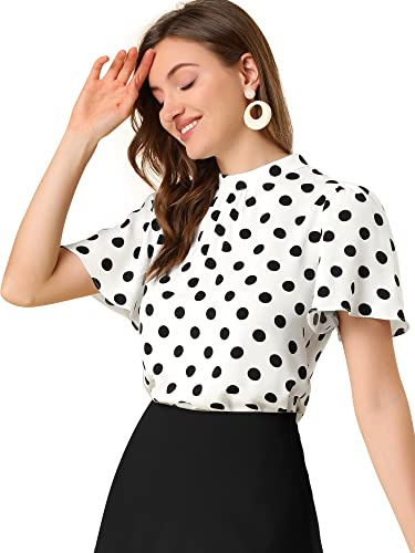 Allegra K Blusa Corta Manga Acampanada Ojo De Cerradura En La Espalda Plisado Cuello Alto Lunares Top para Mujer Blanco Negro M