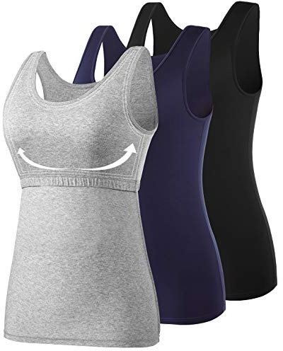 Vislivin Cotton Tank Tops with Shelf Bra for Women Stretch Tanks Wide Strap Undershirts Black/Dark Blue/Gray-5 L