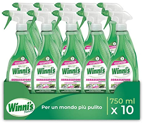 Winni's - Sgrassatore Spray Universale Multisuperficie Ipoallergenico, Azione Sgrassante e Pretrattante Contro le Macchie, con Materie Prime di Origine Vegetale, 750 ml x 10 Confezioni