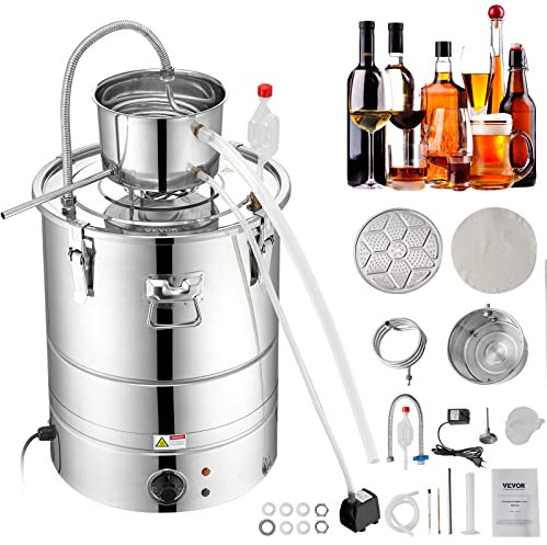 VEVOR Destilador de Alcohol de Agua 30 L Alambique de alcohol 1800 W Destilador de Acero Inoxidable con Bomba de Agua 6,8-8 W Juego Completo para Vinos de Frutas, Whisky, Brandy, Champán, Vodka