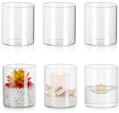 Glasseam Kerzenständer Stumpenkerzen Schwimmkerzen Dekoration, Zylinder Durchsichtig 6er Kerzenhalter Glas für Taufkerze Votivkerzen, Glaszylinder für Kerzen Deko Vase Klein Kommunion Tischdeko