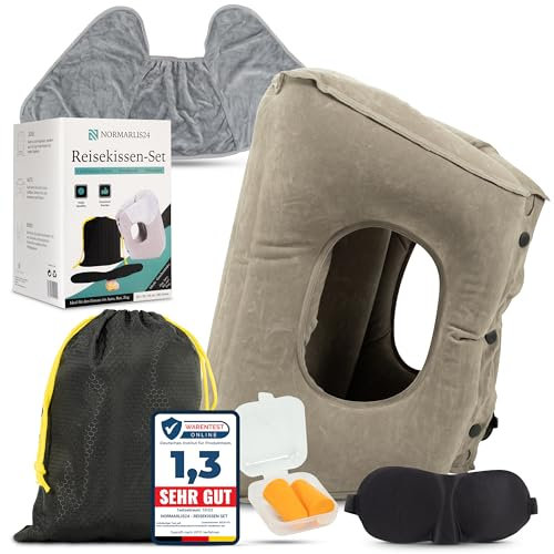 NORMARLIS24 Aufblasbares Reisekissen Set: 3D Schlafmaske, Ohrstöpsel inkl. Beutel/Multifunktionelles Kissen für Flug, Auto, Zug, Büro, Travel Pillow Set