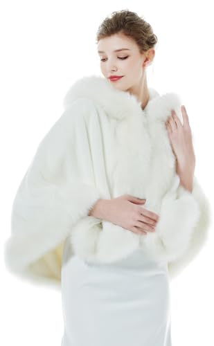BEAUTELICATE Donna Mantello Corto con Cappuccio in Pelliccia Sintetica Stola in Pelliccia Caldo Cappotto per Matrimonio Invernale Sposa