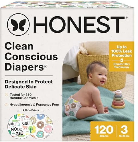 The Honest Company Daytime Daytime Diapers, Barnyard Babies, Size 3, 120ct
