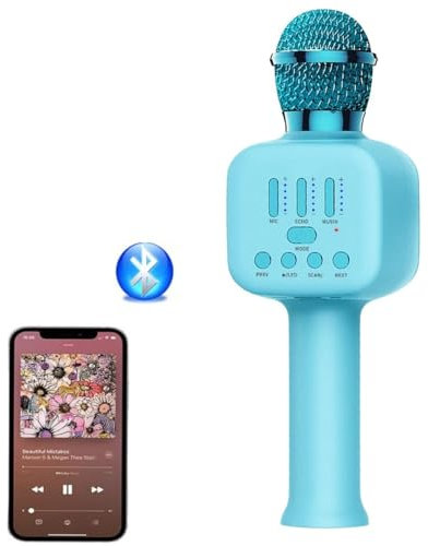 COSHANO Micrófono Inalámbrico con Altavoz y luz RGB Karaoke Bluetooth, Infantil, Portátil para niños y Adultos Cantar Musical. (Azul)