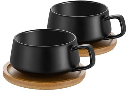 TELANKS Set da 2 pezzi di tazze da cappuccino con piattini, tazze da caffè in ceramica da 320 ml, grandi tazze da cappuccino per gli amanti del caffè, cappuccino, latte, americano e tè, Nero