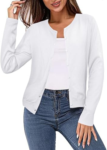 Irevial Cardigan Mujer Manga Larga Ligero con Cuello Redondo,Chaqueta de Punto Estilo Básico Elegante Cárdigan Jersey con Botones Rebecas Casual para Primavera Otoño Blanco L