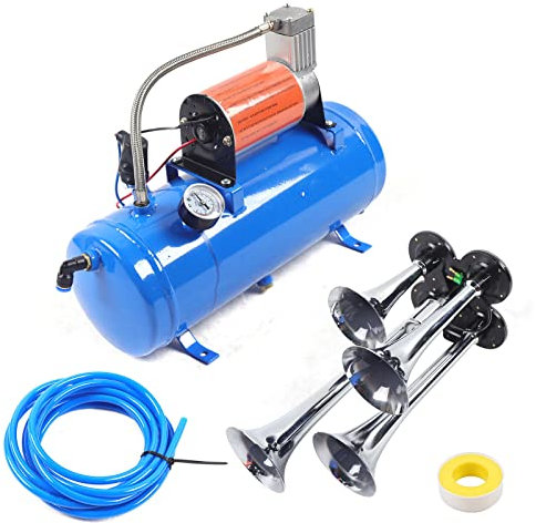 Compresseur d'air comprimé avec 4 trompettes 12 V 150 PSI Portable 6 l Pour pneus de voiture, bateau, moteur de voiture, pneu de vélo