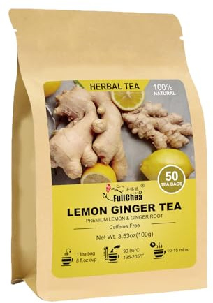 FullChea - Lemon Ginger Tea Bags, 50 Teabags - Pleasantly Spicy & Warming - Non-GMO - Caffeine-free - Support Healthy Digestion & Boost Immunity