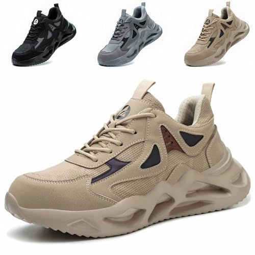 NACKINg Sicherheitsschuhe Herren Leicht Sportlich Arbeitsschuhe Damen rutschfeste Stahlkappenschuhe Atmungsaktiv Arbeitsturnschuhe mit Stahlkappe, Braun, EU 37