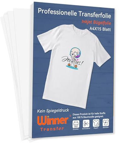 WinnerTransfer Pellicola di trasferimento professionale a getto d'inchiostro A4 x 15 fogli, per tessuti chiari, per magliette a T luminose, carta da trasferimento, carta da stiro, pellicole tessili