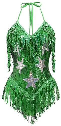 EFOGEP Women's Music Festival Bodysuit: Sexy Halter V Neck Star Sequins Fringe Carnival Rave Outfit Dance Leotard Party Nightclub Halloween Costume Green L