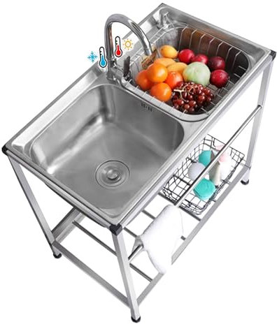 Juego de Fregadero para Exteriores, Fregadero de Acero Inoxidable con Grifo, escurridor y estantes de Almacenamiento, Juego de Fregadero para Exteriores, Fregadero de Servicio Independiente