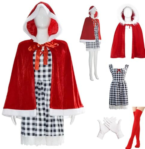 Lioskey Women Christmas Costume Outfit Christmas Party Dress Red Velvet Hooded Cape (M)