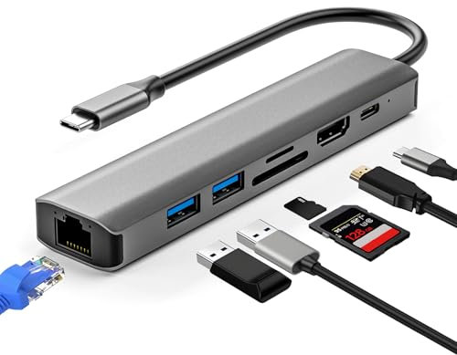 Oblinple 7 in 1 USB C Hub Multiport Ethernet Adapter with 4K 30Hz HDMI 100W PD LAN RJ45 USB 3.0 Ports SD TF Card Reader Type C Multi Adaptor Dongle for MacBook Air iPad Pro (7 in1（30Hz）)