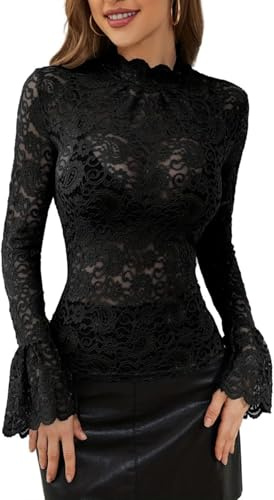 Blusa De Encaje Sexy Elegante para Mujer Blusa Transparente con Cuello Alto Y Manga Farol Blusa Ajustada Informal con Tendencia Callejera Blusas Versátiles (Negro,M)