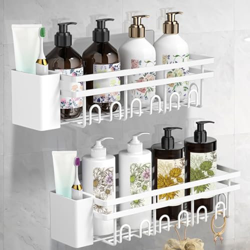Tranrantic 2 Stück Große Kapazität Duschablage Ohne Bohren,30x11x5 cm+28x9x4 cm Shampoo Halterung für Dusche mit 2 Klein Duschkorb,Dusche Halterung,Duschregal für Badezimmer Aufbewahrung&Organisation