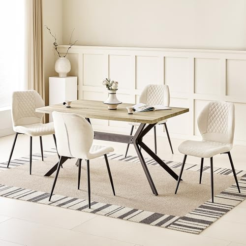 JIJIAN Set da Pranzo con Tavolo da Pranzo in Legno Chiaro e 4 Sedie Beige, Tavolo da Pranzo Rettangolare di 140x80x76 cm con 4 Sedie da Pranzo in Lino a Design Ergonomico, per Soggiorno, Cucina