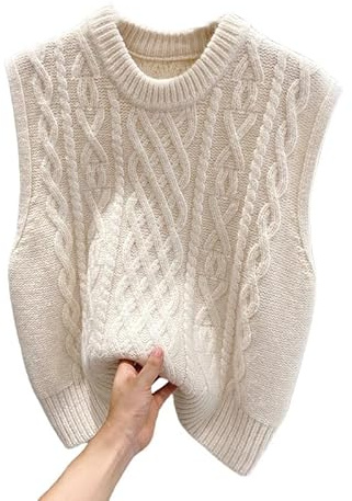 RWGSNB Suéter Punto para Mujer Chaleco Elegante con Rayas Torcidas Sin Mangas Estilo Informal Estilo Preppy Cuello Redondo Top Punto Cálido para Otoño e Invierno Beige Talla S