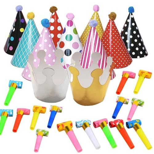 GmwyCzV 26 Pezzi Cappellini Festa Compleanno, Cappelli Cono Cappello Corona, Cappelli per Feste di Compleanno per Bambini, Cappellis da Festa con Pompon e Corona, Adatti per Feste di Famiglia