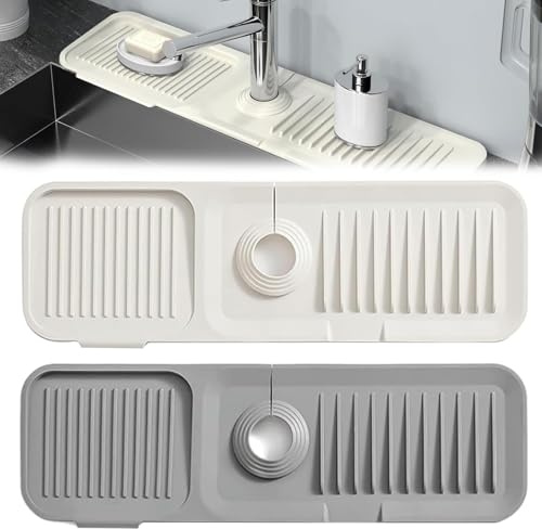 CHAOTEMAI 2 Pezzi Rubinetto Lavello Cucina Gocciolatoio per Lavello Tappetino di Scarico Rubinetto Paraspruzzi Vassoio Antigoccia Raccogli Gocce Lavandino Porta Spugne 37x10CM per Cucina Bagno Ba