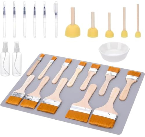 Muuookka Ensemble D'Outils de Découpages de 27 Pièces Comprenant 5 Pinceaux en Éponge, 12 Pinceaux en Bois, 6 Stylos à Eau, 2 Bouteilles et Un Tapis de Table en Silicone pour Le DIY.