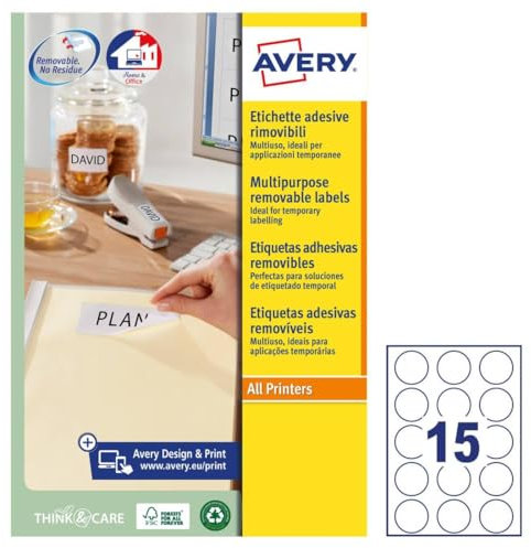 Avery L4853REV-25 Etiketten, abnehmbar, bedruckbar, Mehrzweck-Etiketten, verschiedene Oberflächen, Ø 51 mm, Weiß, 15 Etiketten pro Blatt, 375 Blanko-Etiketten pro Packung