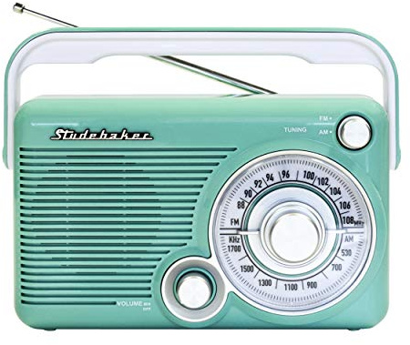 Studebaker SB2002TE Portable AM/FM Radio with Headphone Jack and Aux-in Jack with AC/DC Power (Teal/White)