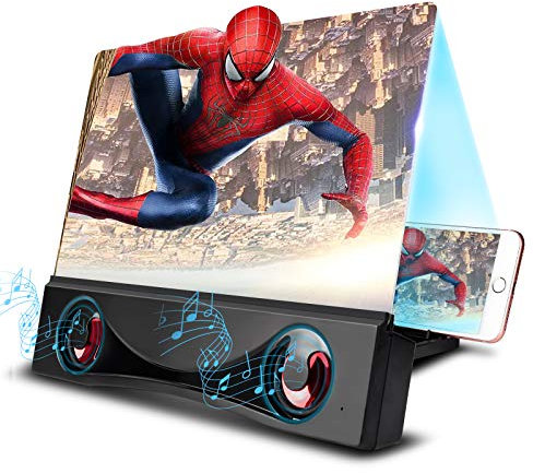 Newseego 12 Lupa de Pantalla para Teléfonos con Altavoz Bluetooth,Amplificador de Pantalla de TeléFono Celular HD Anti-Blue Lupa con Proyector de Altavoz Bluetooth y Soportes Plegables-Negro