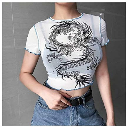Homeilteds Recortada Perspectiva Rejilla Superior Mujeres De La Camiseta Blanca del Dragón Camisa De La Impresión del O-Cuello del Verano Crop Top Comfortable (Color : White, Size : S.)