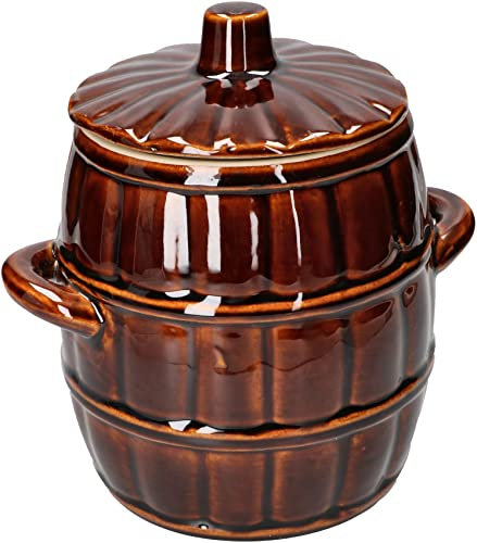 KOTARBAU® Barril de gres con tapa 3,2l, Marrón, Jarrón de barro, Recipiente de cerámica con asas, Olla de cocina para fermentación, Tarro para fermentar chucrut, kimchi, Apto para horno y lavavajillas