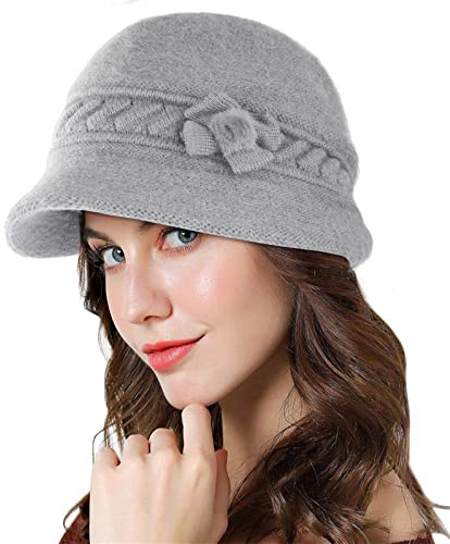 Adigaber Cloche Angola Robe Bonnet en Tricot Chaud Femme Hiver Élégant Chanvre Fleurs Béret Chapeau Casquettes avec Chapeau de Soleil