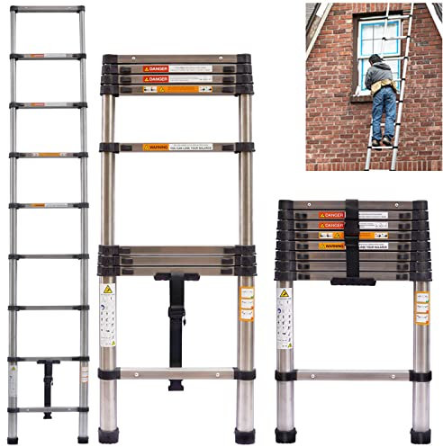 Extension Attic Ladder 2.6M Telescopic Loft Ladder, Stainless Steel Multi-Purpose Collapsible Industrial Ladder with Adjustable Step for Roof Work, Window Cleaning, Indoor Decorating, Max Load 330lbs