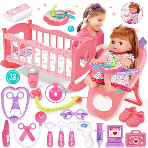 Baby Doll Toys Set, 14 Doll Toys, 25Pcs Dolls Care Toy Playset, Toddlers Toy Dolls Set Incl Cradle Crib, High Chair, Milk Bottle, Pacifier, Diaper, Baby Gift for Age 3 4 5 6+ Years Old Girls Boys