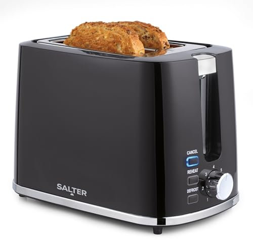 Salter Deco 2-Slice Toaster – Wide Slots, Extra Thick Bread, 7 Browning Levels, Removable Crumb Tray, Defrost, Reheat & Cancel, Bagel Toaster, Toast, Crumpets, Self-Centring, 900 W, Black
