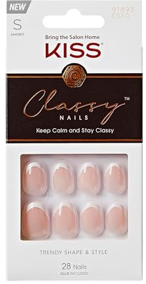 KISS Classy Nails, Press-On Nails, Nail glue included, 'Exclusive Only', Light White, Short Size, Oval Shape, Includes 28 Nails, 2G Glue, 1 Manicure Stick, 1 Mini File